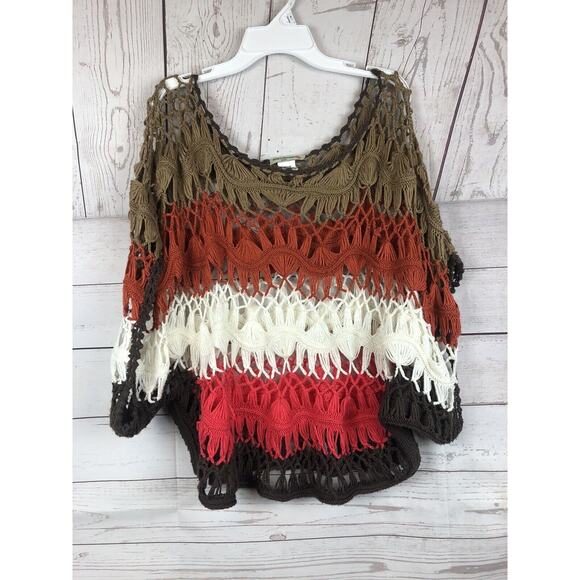 VIVID COLLECTION OF NY Sweater Womens medium Crochet Poncho Coral Cream Layering - Picture 1 of 4